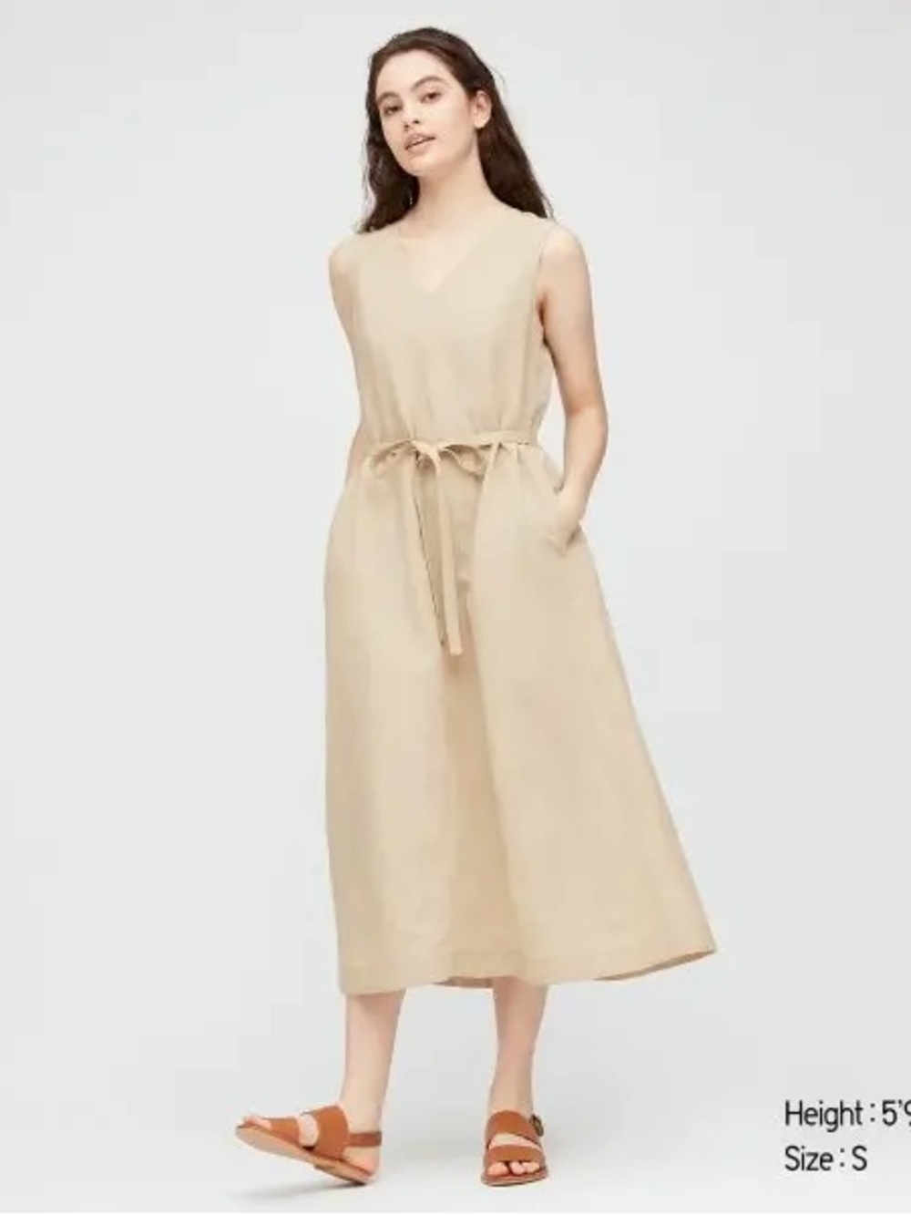 Uniqlo Linen Blend Sleeveless V-Neck Tie-Waist Midi Dress in Stone